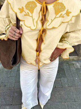 Light Yellow Chic Women's Tie-Collar Ruffle Flare Sleeve Blouse